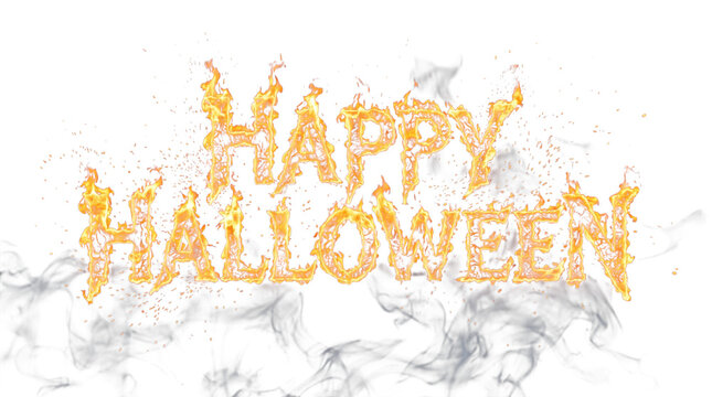 Happy halloween text made of fire and smoke isolated on transparent background