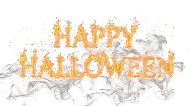 Happy halloween text with fire flames and smoke isolated on transparent background