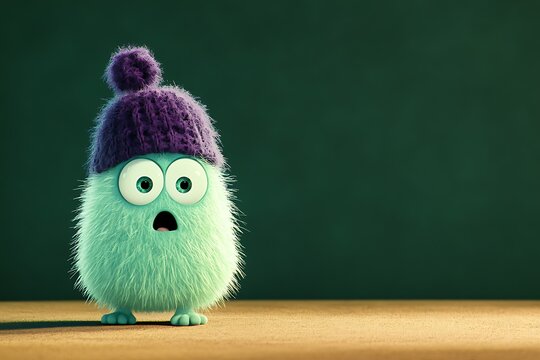 Surprised, furry green creature wearing a purple hat