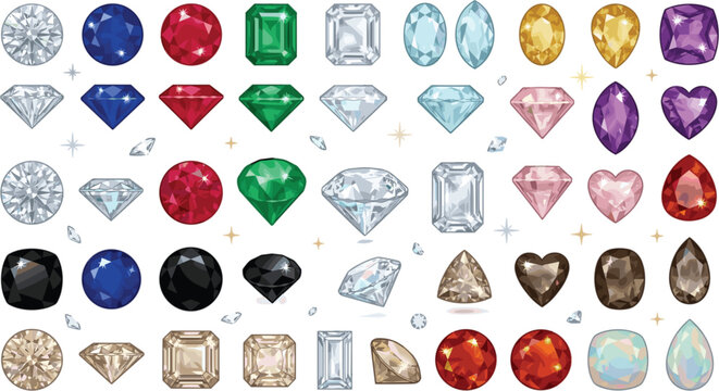 Colorful gemstones and diamonds vector icons set with various cuts shapes ruby sapphire emerald crystal and jewelry design elements