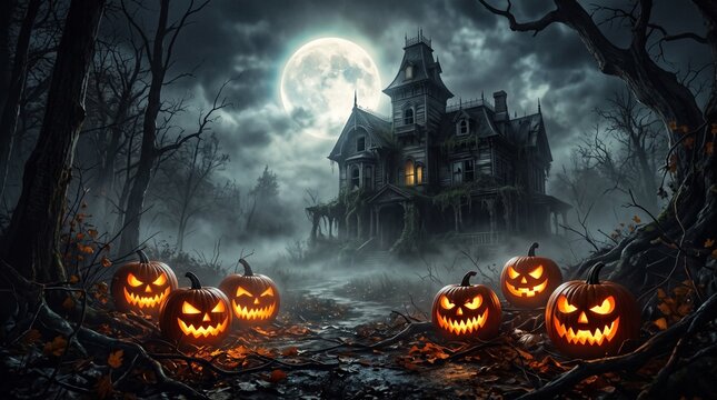 Spooky haunted house with glowing jackolanterns at night