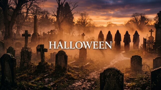 Spooky graveyard with hooded figures at sunset for halloween