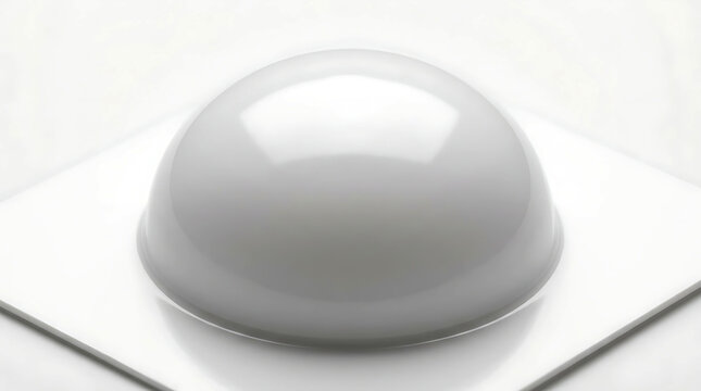Smooth white glossy dome shape object sitting on a flat square base in a clean bright studio.