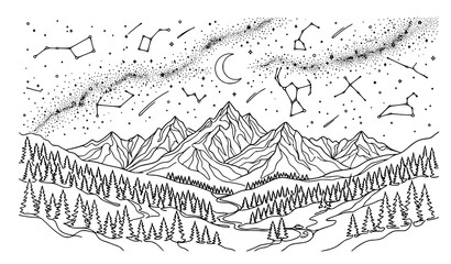 Fototapeta premium Minimal Mountain Range with Pine Trees and Star Constellations Monoline Vector Landscape
