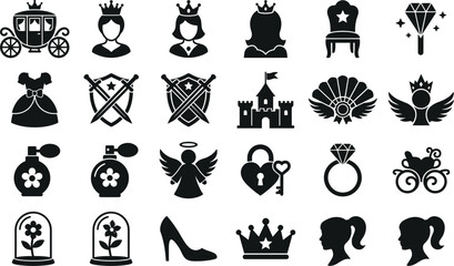 Princess and fairytale black silhouette icon set including carriage castle crown glass slipper and magic wand vector © MdBelal