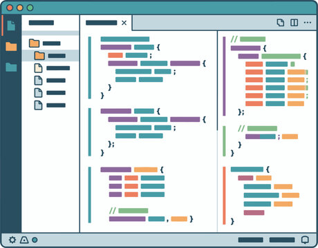 Flat vector illustration of a software code editor interface with colorful syntax highlighting, side navigation, and modern programming workspace.