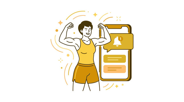 Woman flexing muscles next to smartphone notification