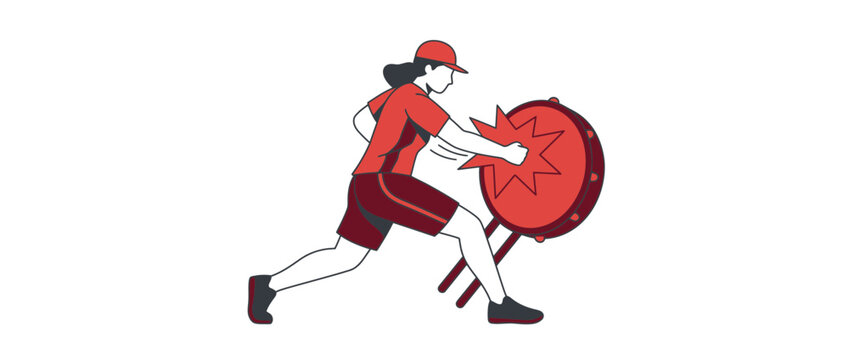 Woman playing drum, dynamic movement, red outfit