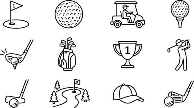 Professional athletic golfing gear linear icons pack containing fairway course clubs bag driver cap and awards graphics vector