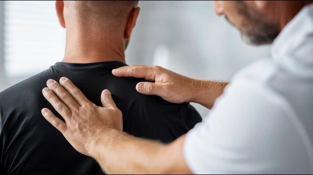Professional physical therapist performing shoulder blade and back massage on a male patient