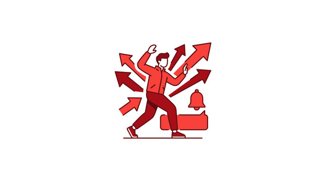 Overwhelmed man with many arrows and notifications