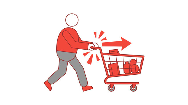 Person pushing shopping cart with groceries