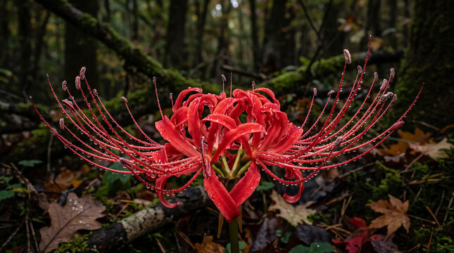 Red spider lily with morning dew. Macro shot of Lycoris radiata in a dark forest.