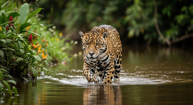Leopard walking through shallow water in a jungle setting.