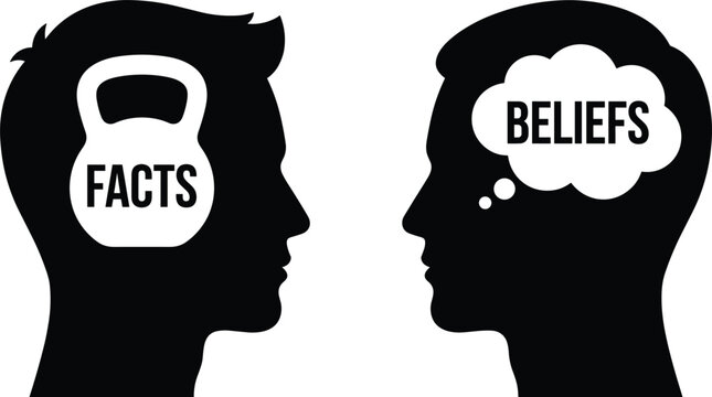 Psychology concept vector illustration featuring two human heads profile with facts heavy weight and beliefs thought bubble icons