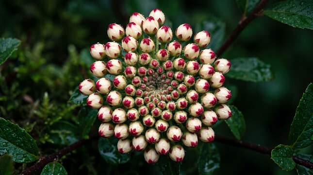 White flower buds in a spiral pattern. Fibonacci sequence in nature, botanical macro shot.