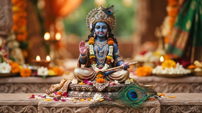small enamel figurine of hindu god krishna with blue skin, peacock feather on table with blurred background, krishna janmashtami, hinduism