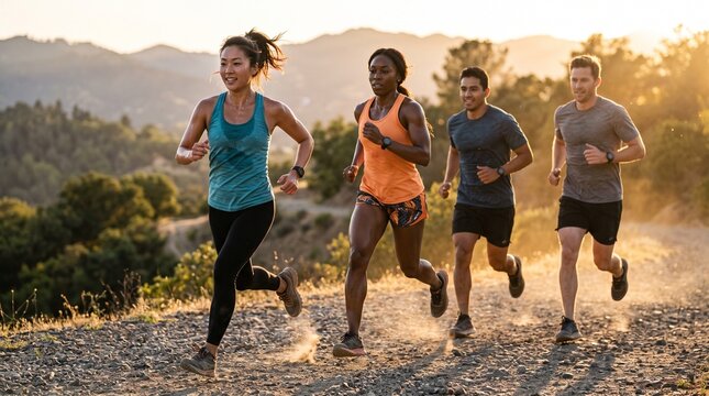 Diverse group of friends running on mountain trail at sunset, cinematic action shot with golden lighting and athletic wear.