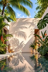 Fototapeta premium Luxury tropical courtyard with reflection pool, palm shadows, and exotic plants