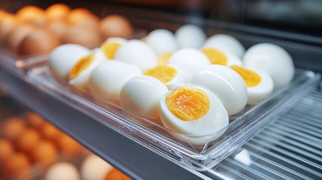 Boiled Eggs Pack Tray of halved boiled eggs with bright yellow yolks in a clear plastic container on a metal shelf.