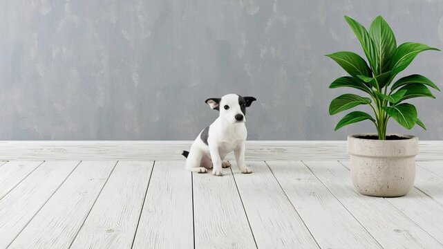 Small white puppy with black spot walking near potted green plant in bright white room, calm indoor pet scene with gray wall