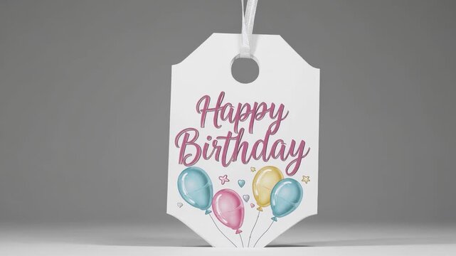 A festive birthday celebration scene featuring happy birthday tags, paper balloons, and party supplies arranged against a neutral background with soft lighting. The setting is ideal.