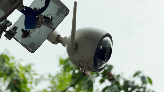 A white security camera monitors the outdoor area near green trees. Raindrops fall onto its plastic casing. This creates a soft, continuous pattering sound.