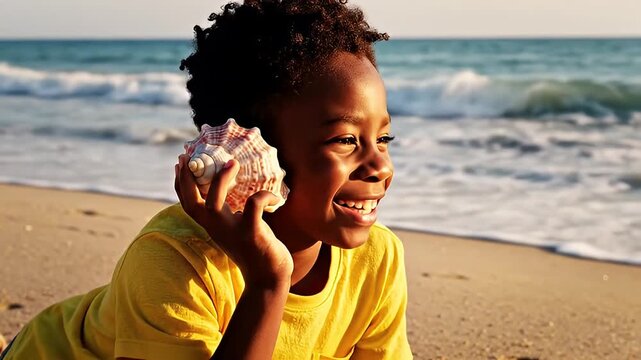 Young Black boy listening to conch shell on sunny beach