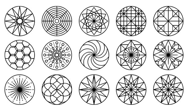 Sacred Geometry Mandala Icon Set with Circular Geometric Patterns for Meditation Apps, Tattoo Designs, Esoteric Branding, and Spiritual Coloring Book Vector Elements