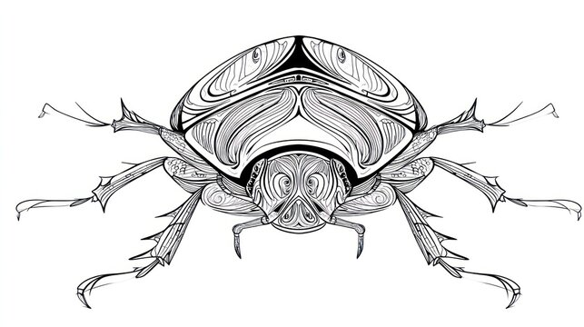 Intricate line art illustration of a detailed beetle insect on white background