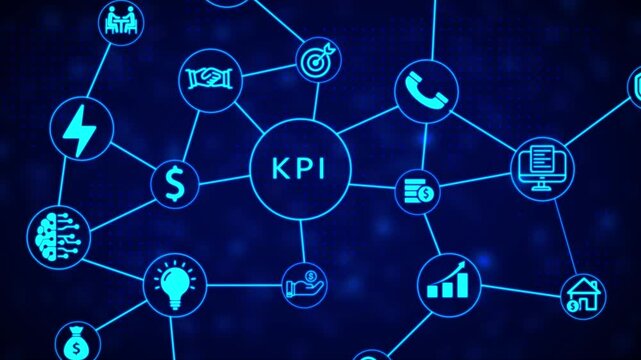 Digital mind map infographic showcasing key performance indicator KPI concepts with glowing neon blue on a dark dotted background symbolizing data and interconnectedness