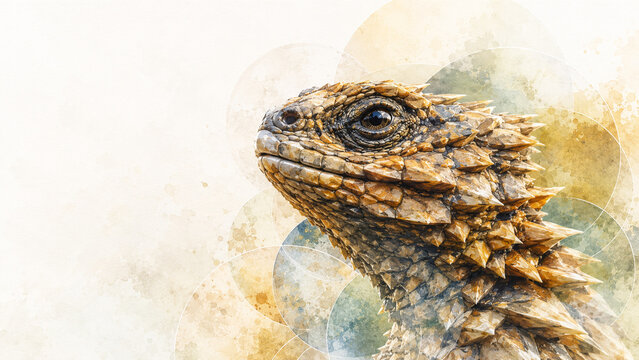 Watercolor Armadillo Girdled Lizard Close Up Portrait with Spiny Scales, Reptile Eye and Abstract Circle Background.