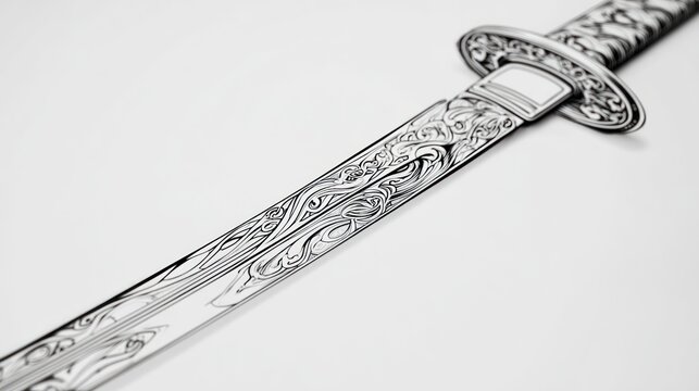 Intricately engraved sword detailed close up on white background