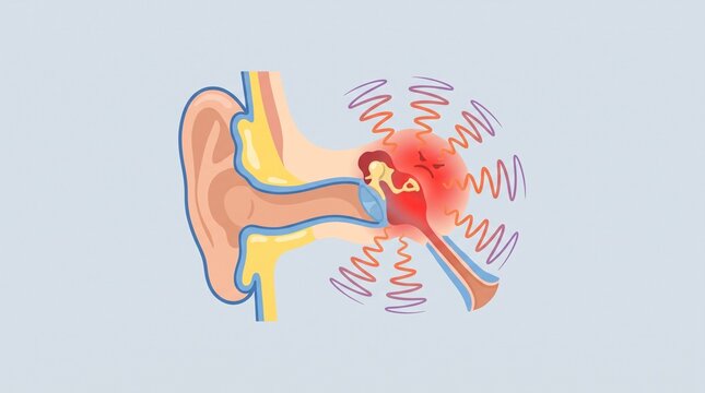 Anatomical cross section of a human ear showing inflammation and infection in the middle ear canal causing sharp pain