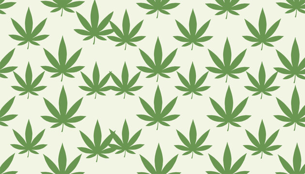 Seamless background pattern featuring repeating green cannabis or marijuana leaves on a light beige backdrop.