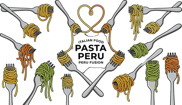 Hand drawn pasta collection with forks and noodles forming a heart shape vector illustration for menu design