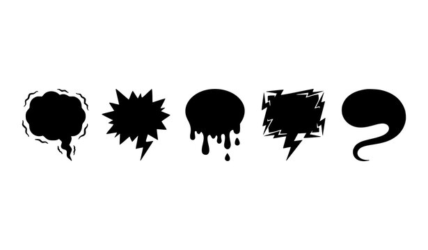 Comic Book Speech Bubbles Solid Silhouette Icon Set with Explosive Starburst Dripping Ink and Lightning Bolt Elements for Creative Pop Art Graphic Designs