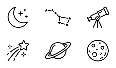Astronomy Icons Set: Celestial Bodies, Telescope, Constellations, Moon, Saturn, Shooting Star, Space Exploration Vector Graphics © Firuj