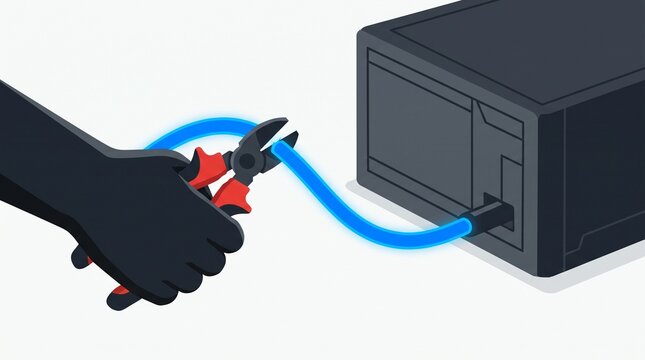 A hand using metal cutters to sever a glowing digital network cable connected to a computer terminal