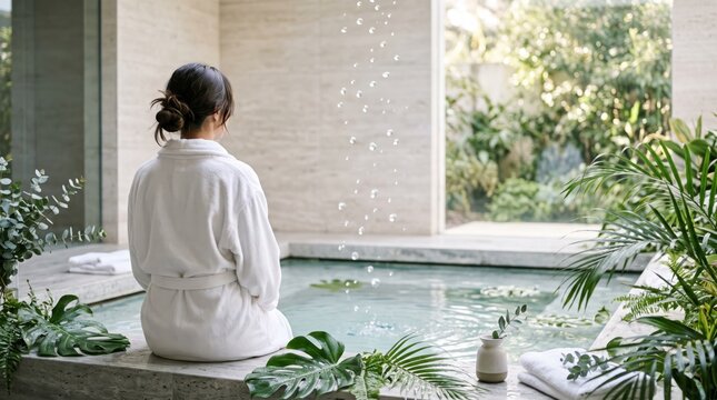 Woman in white bathrobe sitting by indoor pool with waterfall, luxury spa wellness retreat, meditation and relaxation, peaceful sanctuary, self care lifestyle, calm atmosphere