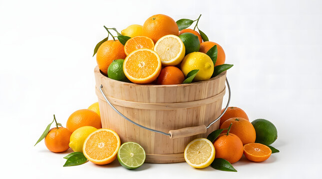 Fresh citrus fruits in a rustic wooden bucket on white background