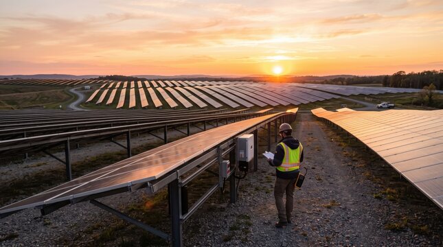 Engineer inspecting large scale solar power plant at sunset, renewable energy industry, photovoltaic panels generating electricity, sustainable green technology