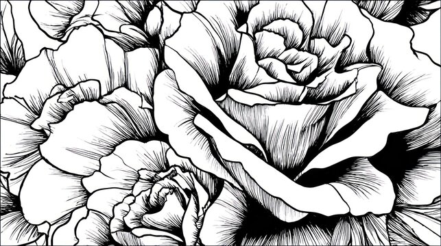 Black and white floral illustration of roses in vector style