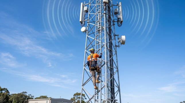 Telecommunications technician climbing cell tower for maintenance work, installing antenna equipment, signal transmission waves illustration, blue sky, industrial infrastructure