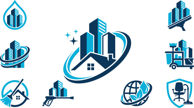 Modern house and commercial building cleaning service logo set featuring squeegee water drop broom pressure washer and cart