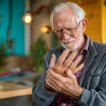 Elderly man feeling wrist pain and massaging his hand due to joint inflammation or arthritis