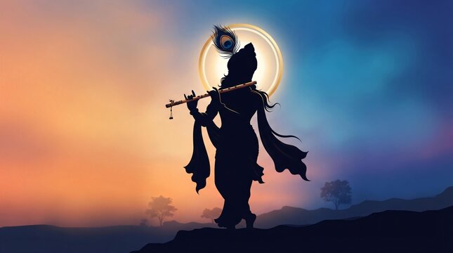 Krishna Playing Flute Blue Glow Semi-Realistic 4K Wallpaper.