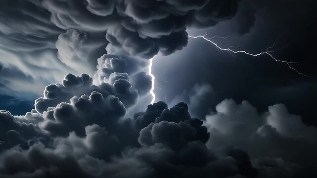 Cinematic close-up of massive black thunderclouds with lightning striking during a violent night storm