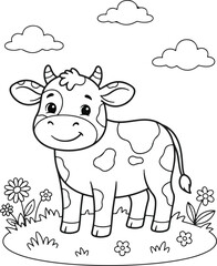 Obraz premium Cute cartoon cow standing in a meadow with flowers and clouds