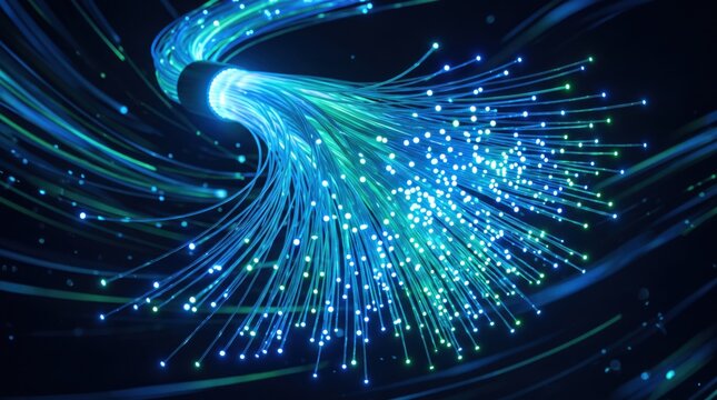 Glowing blue fiber optic cables bundle transmitting high speed data signals in dark, abstract technology for internet network and telecommunications infrastructure systems